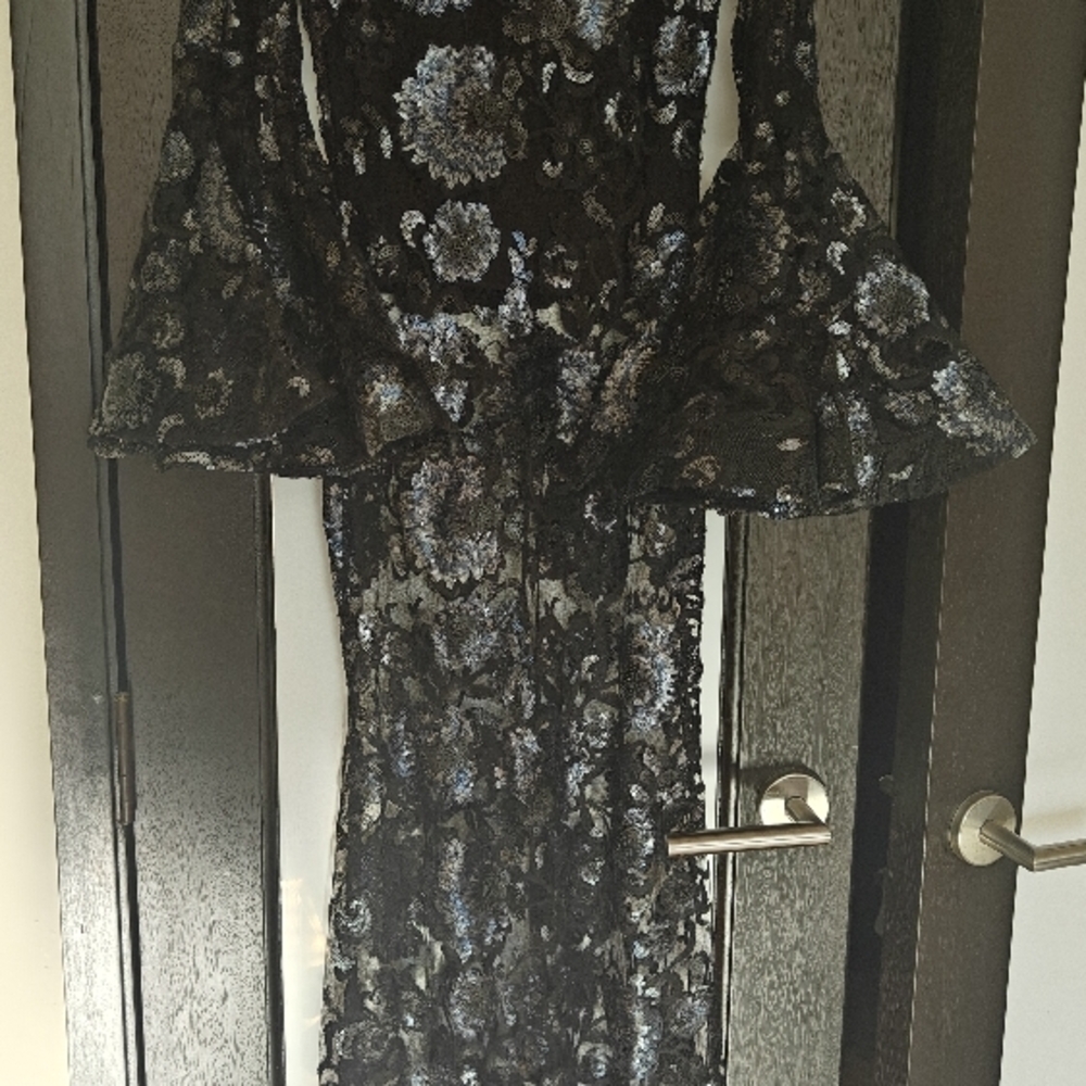 Elegant Black and Silver Floral Long Sleeve Dress